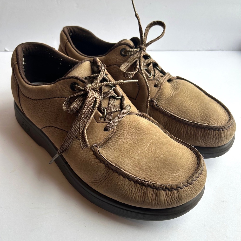 SAS Bout Time Walking Shoes Mens 11 Nubuck Tan Brown Leather Moc Toe Lace Up USA